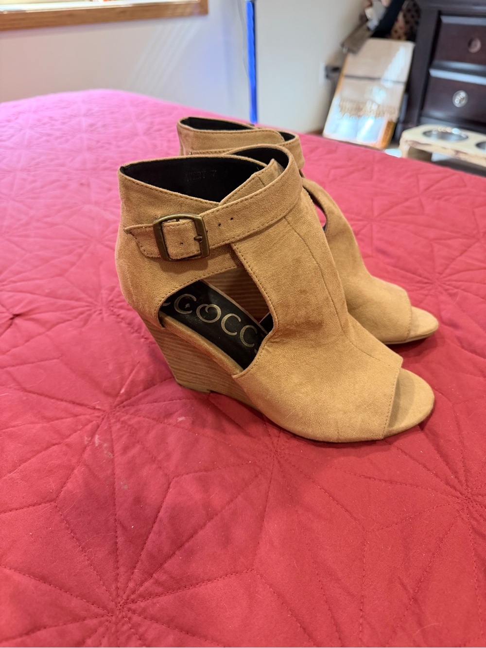 CCOCCI Tan Suede Peep-Toe Wedge Booties with Ankle Strap